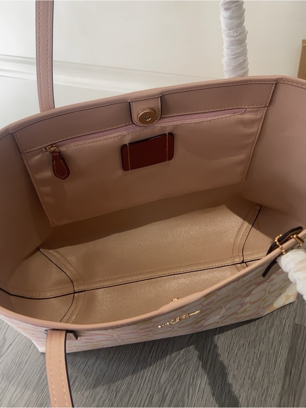 Coach Pink and Cream Signature Canvas Tote with Bear Charm - Picture 4 of 6